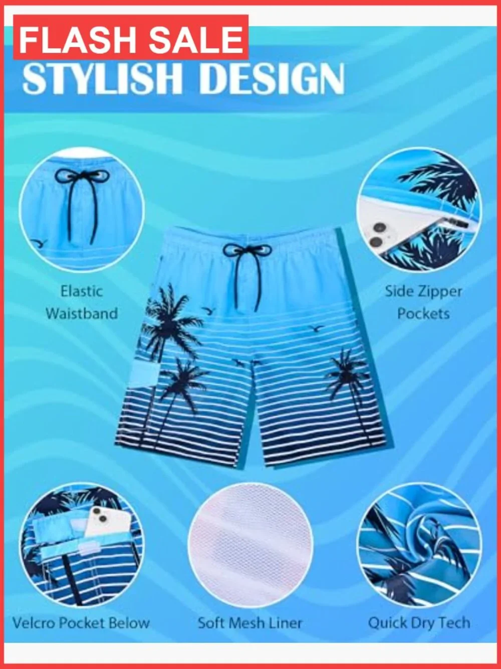 Mens Swim Trunks Board Shorts Quick Dry 9 Inch Inseam Mesh Lining Zip Pockets